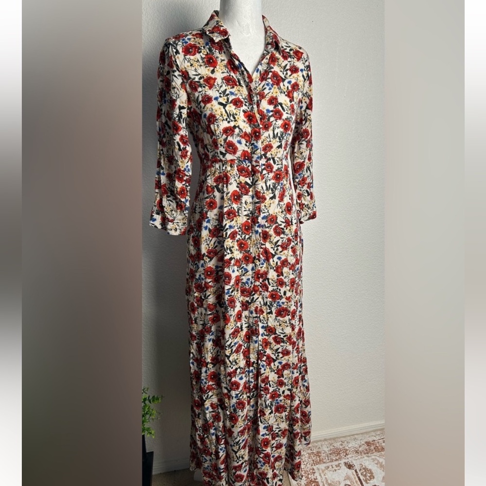 Zara White Floral Long Sleeve Wrap Dress with Red Accents - Picture 4 of 9